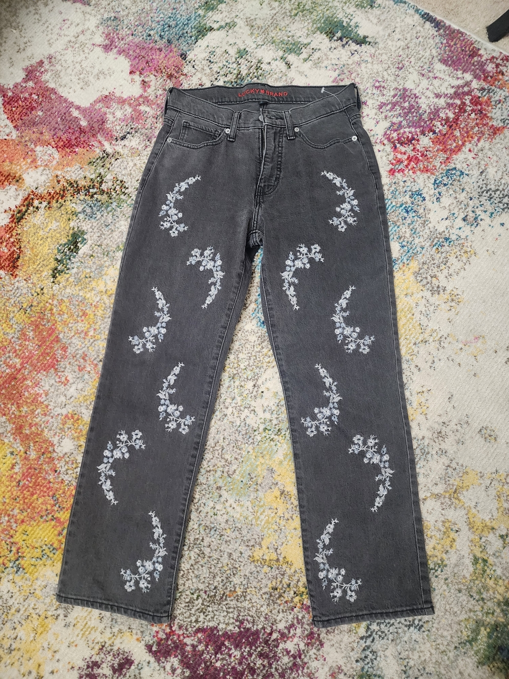 Lucky Brand Dark Gray Jeans with White Floral Embroidery